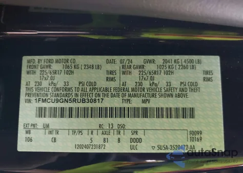 2024 Ford Escape Active from USA, damaged, VIN 1FMCU9GN5RUB30817